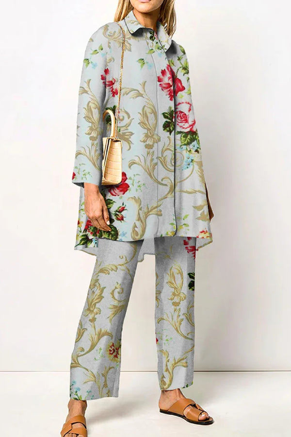 Personalized Floral Print Temperament Elegant Long Sleeved Shirt Two-Piece Set