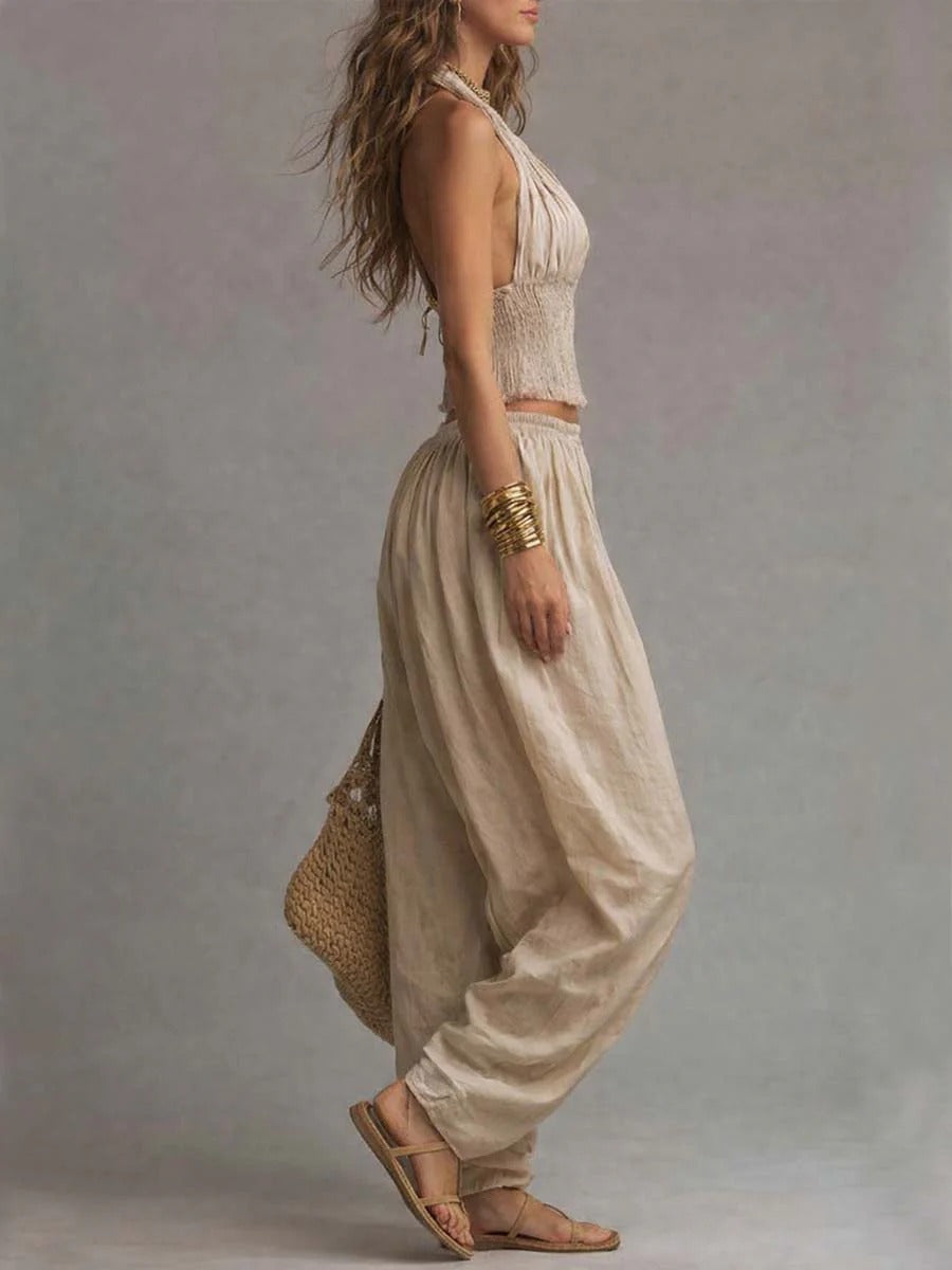 Linen Halter Ruched Smocked Crop Top Harem Wide Leg Pants Two Piece Matching Set