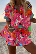 Multicolor printed two-piece set with a short-sleeve lapel shirt and matching shorts