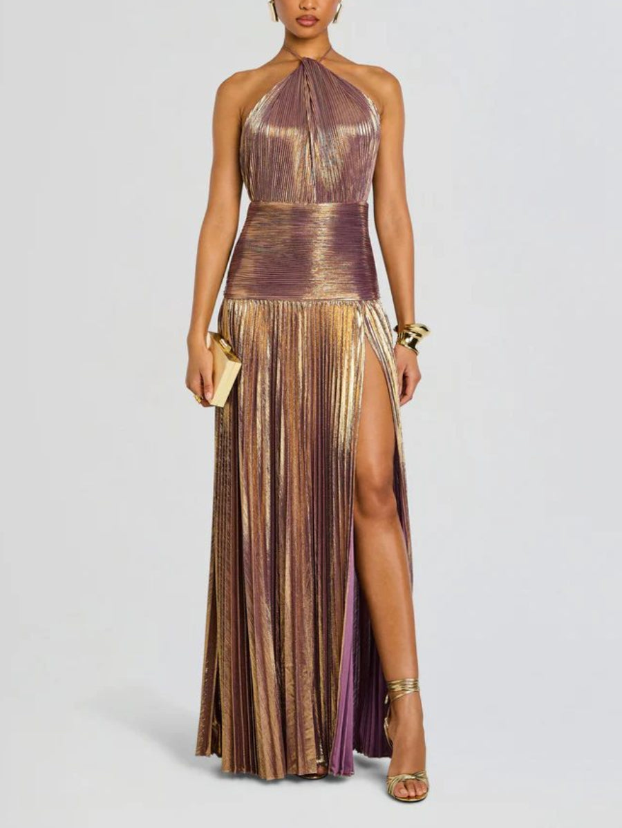 Metallic pleated slit halter neck maxi dress