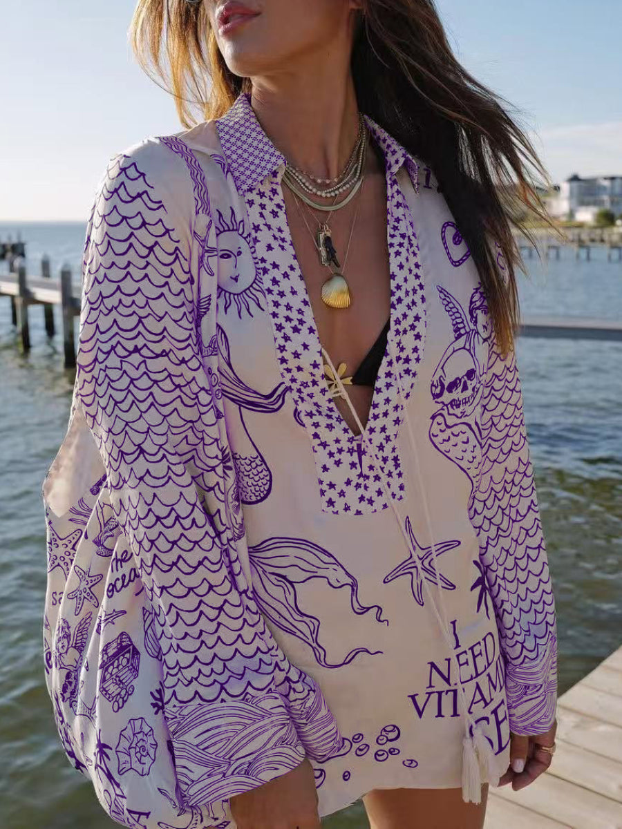 Cream Mermaid Ocean Print Tassel V Neck Long Sleeve Blouse & High Waist Shorts Two Piece Set