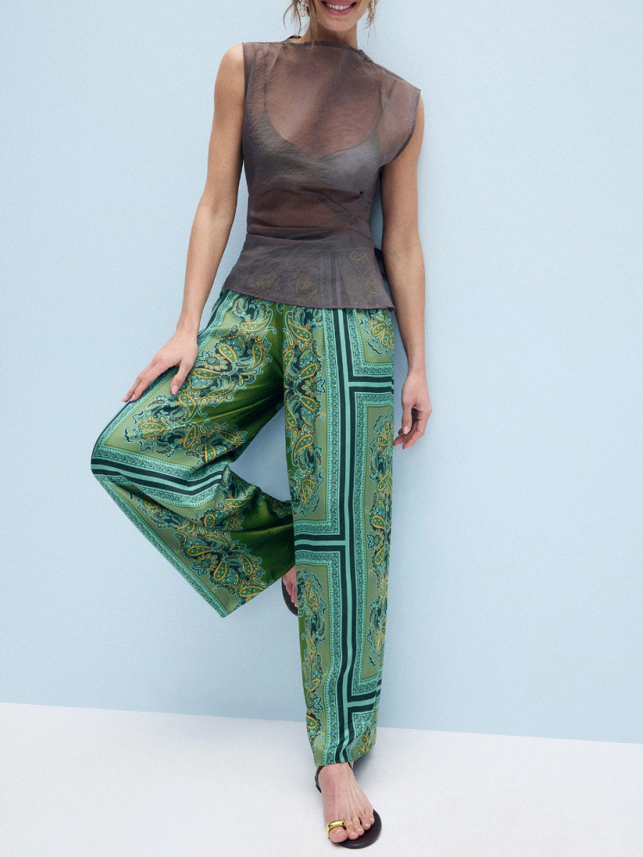 Green Border Paisley Print Asymmetrical One Shoulder Satin Top Wide Leg Pants Two Piece Co-ord Pants Set
