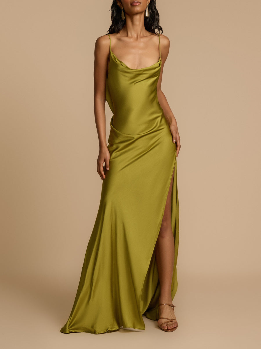 Olive Green Satin Cowl Neck Spaghetti Strap Maxi Dress with High Side Slit