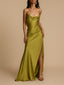 Olive Green Satin Cowl Neck Spaghetti Strap Maxi Dress with High Side Slit