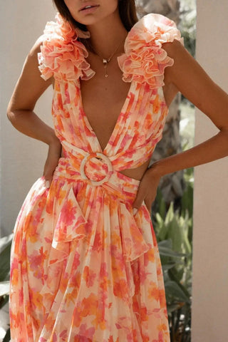 Floral halter back waisted French dress