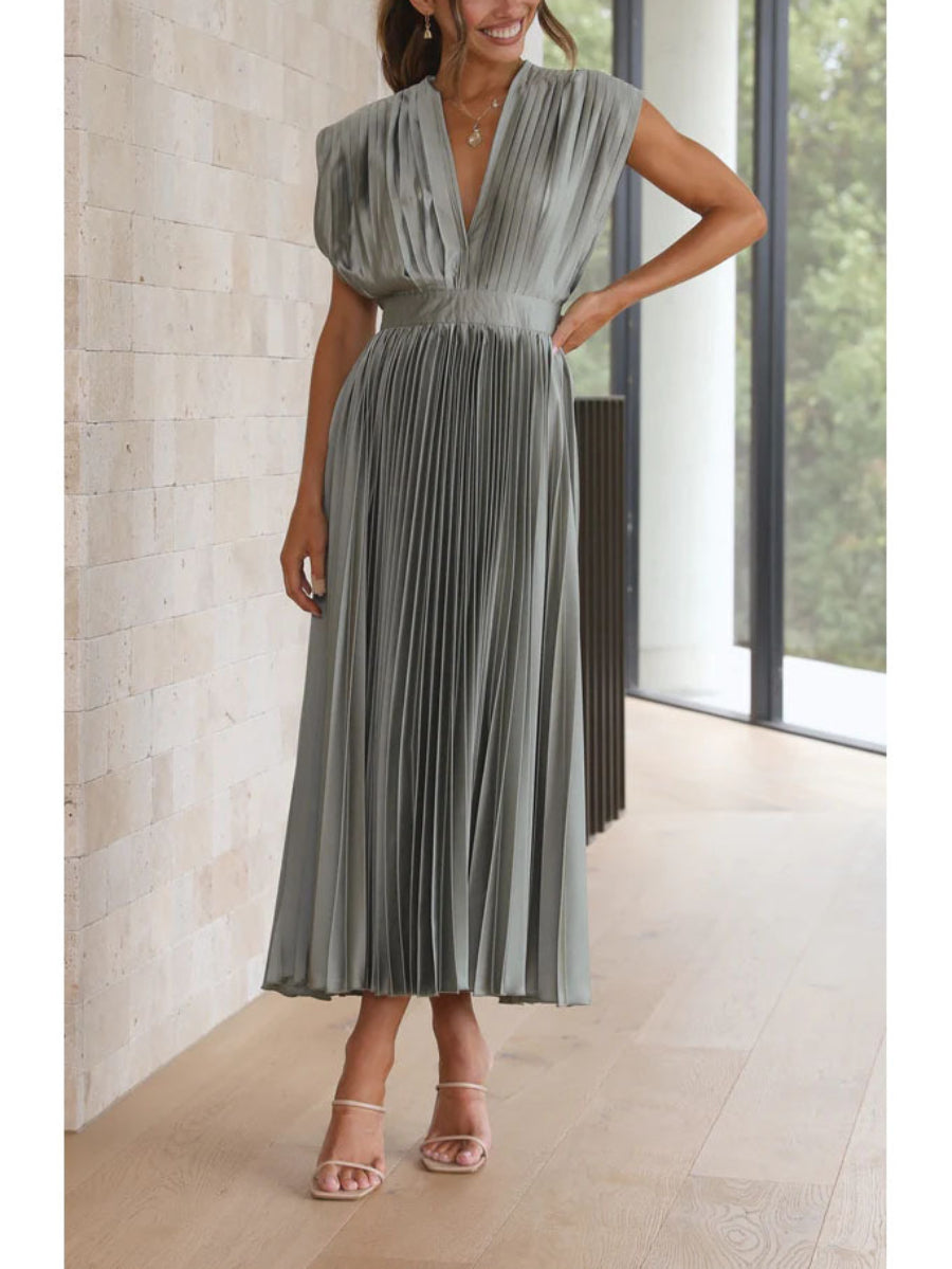 Minimalist Solid Champagne Pleated Satin Deep V Neck Flowy Midi Dress