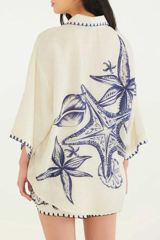 Women's Cream Blue Starfish & Seashell Print Linen 2-Piece Short Set - Button Up Shirt & High Waisted Shorts for Summer Beach Vacation