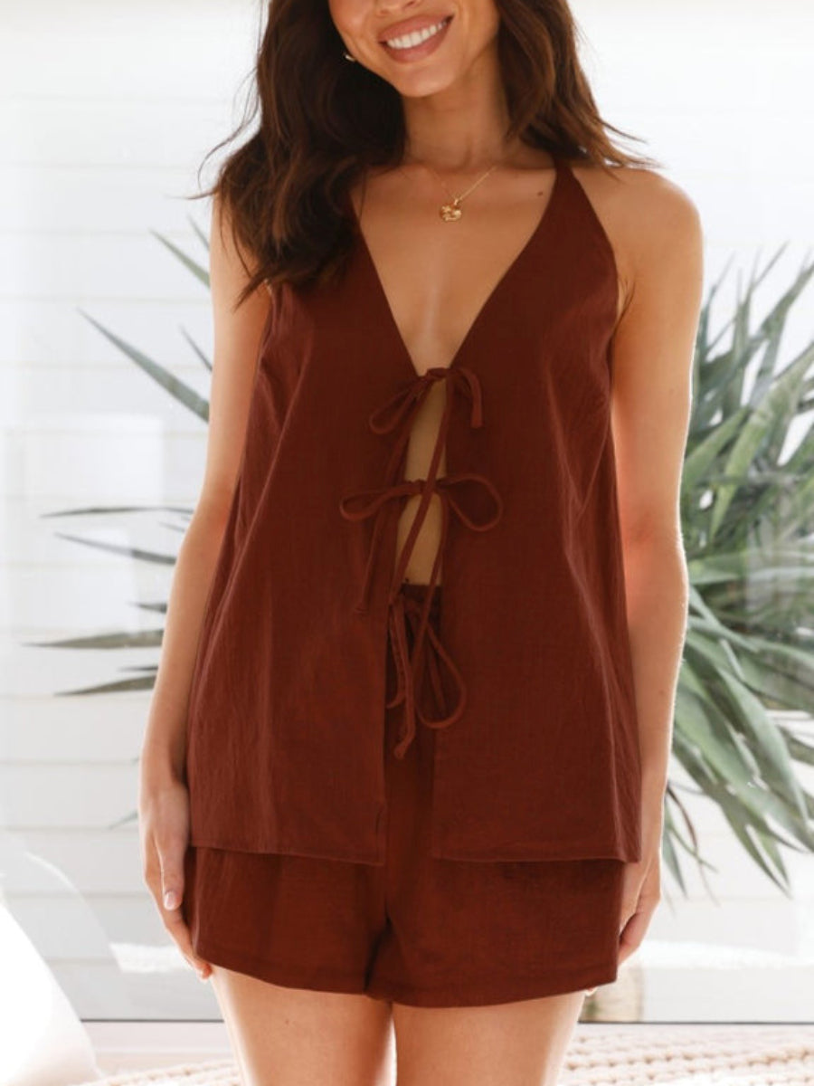 Double Bow Tie Front Sleeveless Tank Elastic High Waist Short Matching Outfit