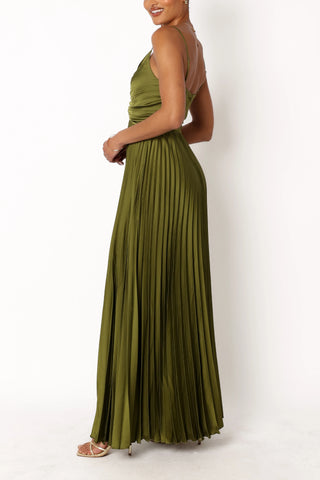 V-neck elegant suspender backless long pleated dress