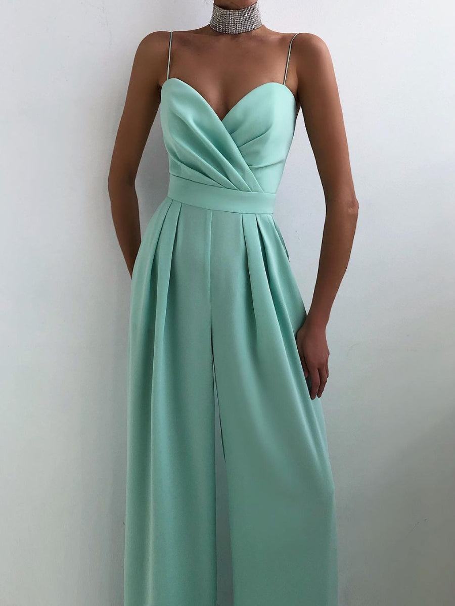 Women Satin Fold Ruched Bust Thin Strap Jumpsuit
