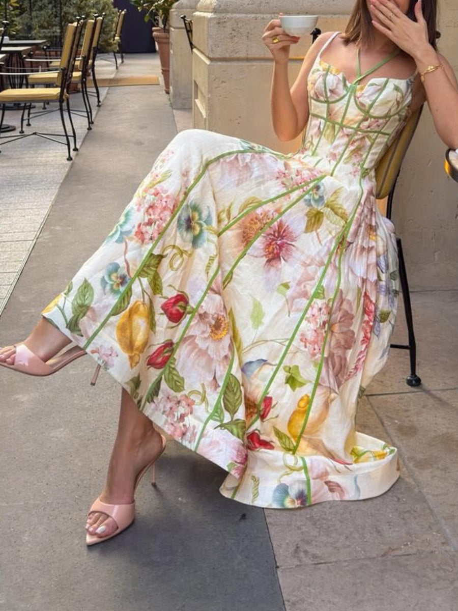 Watercolor Floral Print Spaghetti Strap Boned Corset Green Piping Trim Flared Midi Dress