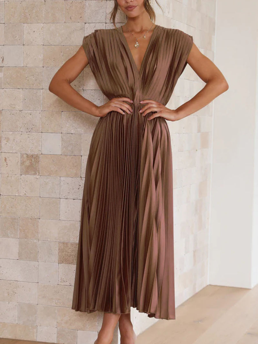 Minimalist Solid Champagne Pleated Satin Deep V Neck Flowy Midi Dress