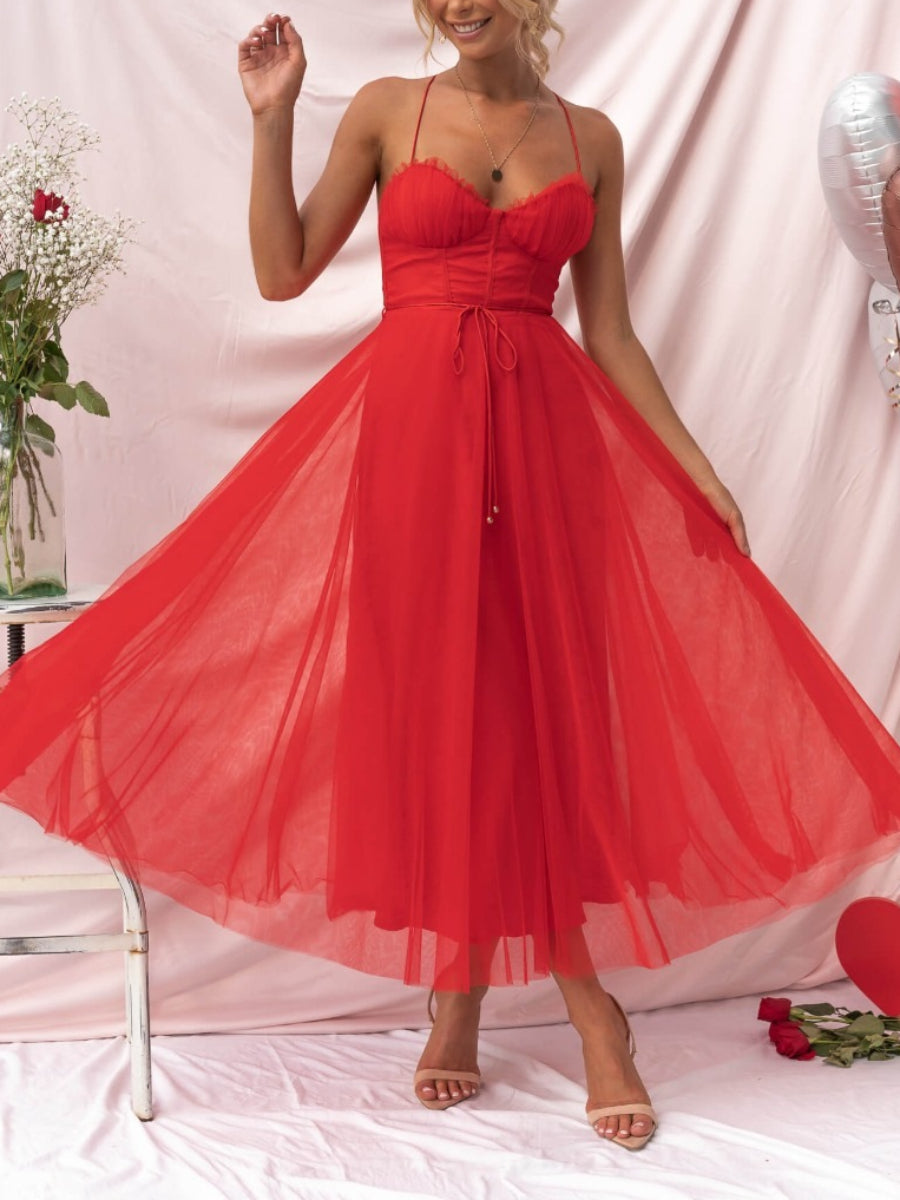 Romantic Ruched Sweetheart Thin Strap Multi-Layer Tulle Midi Dress