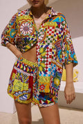 Vibrant multicolor Sicilian-print short-sleeve shirt with matching elastic-waist shorts set