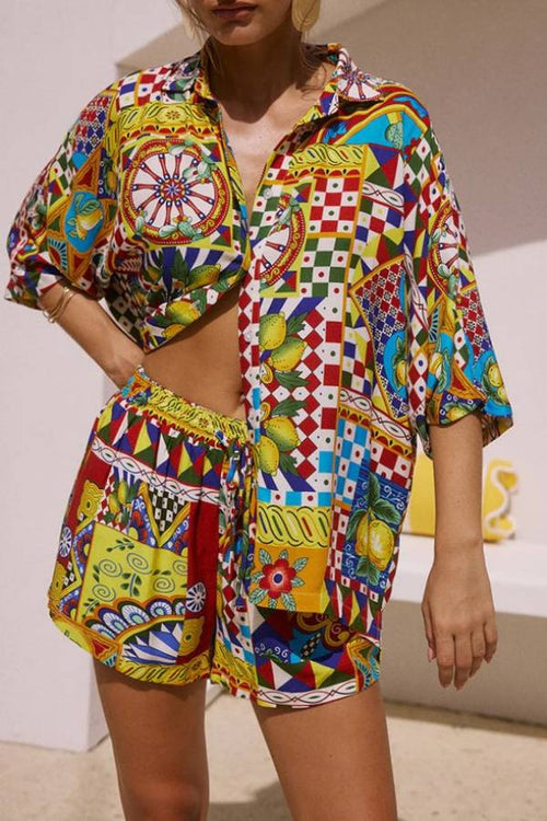 Vibrant multicolor Sicilian-print short-sleeve shirt with matching elastic-waist shorts set
