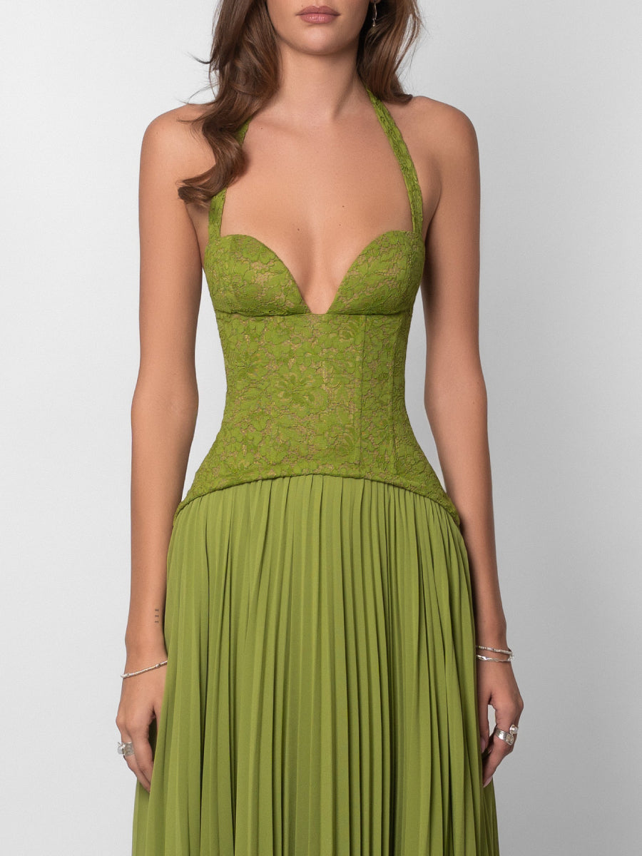 Elegant Lace Corset Bodice Pleated Chiffon Skirt Gala Maxi Dress for Wedding Guest & Red Carpet