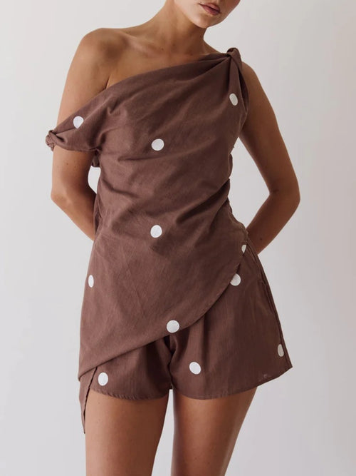 Brown White Polka Dot One Shoulder Linen Two Piece Short Set