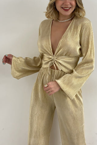 V-neck Puff Sleeve Top and Wide-leg Pants Set