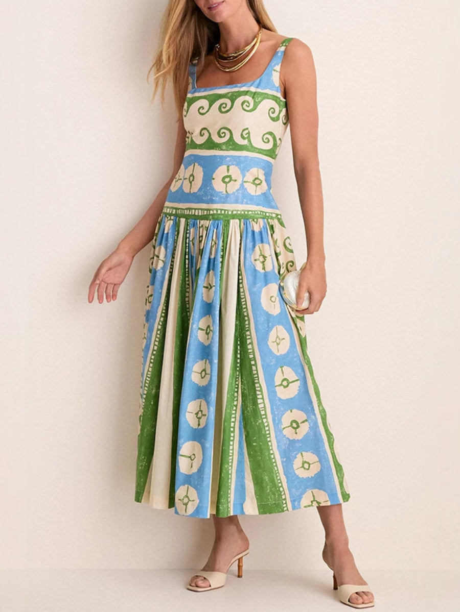 Retro Geometric Spiral Print Square Neck Cami Midi Dress