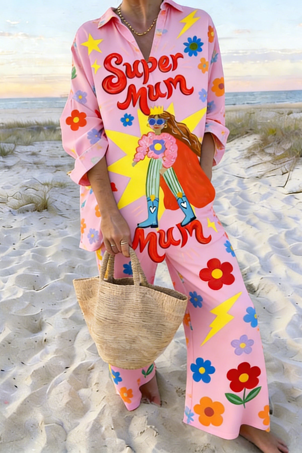 Women's Pink "Super Mum" Superhero Graphic 2-Piece Co-Ord Set - Oversized Shirt & Wide Leg Pants for Casual Summer Vacation