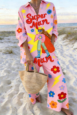 Women's Pink "Super Mum" Superhero Graphic 2-Piece Co-Ord Set - Oversized Shirt & Wide Leg Pants for Casual Summer Vacation