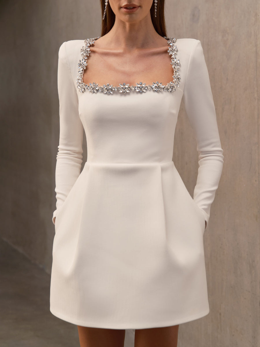 Velvet Jewel Embellished Trim Long Sleeve Pocketed Mini Dress
