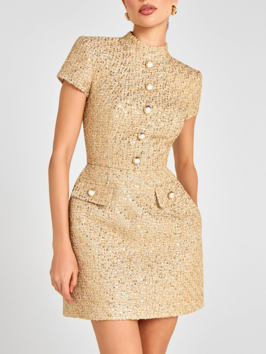 Women's Gold Sequin Tweed Mini Dress - Pearl Button Decor High Neck Short Sleeve Bodycon Gown for Cocktail Party