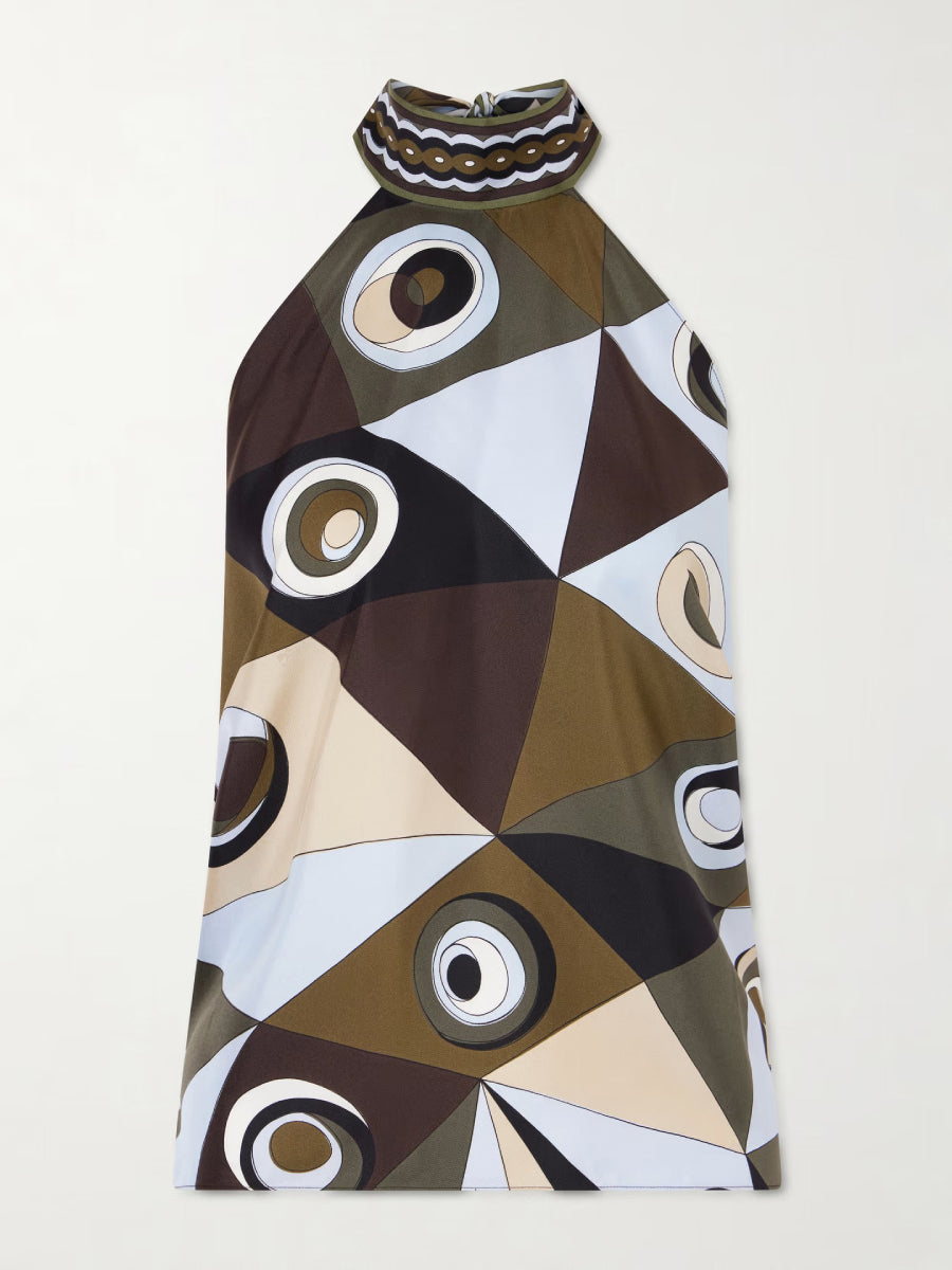 Retro Geometric Collage Print Halter Top Asymmetrical Hanky Hem Midi Skirt Set