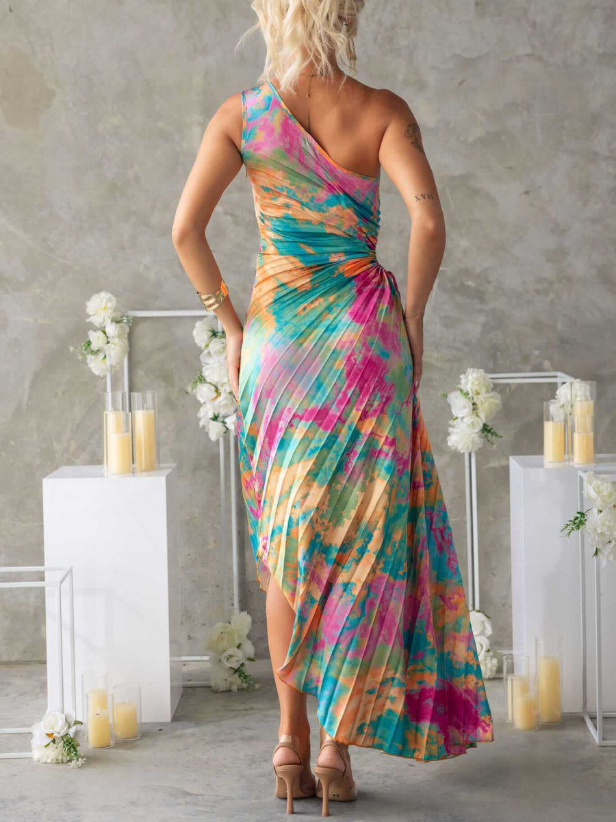 Watercolor Tie Dye One Shoulder Maxi Dress Waist Twist Cut Out High Slit Flowy Chiffon Vacation Sundress