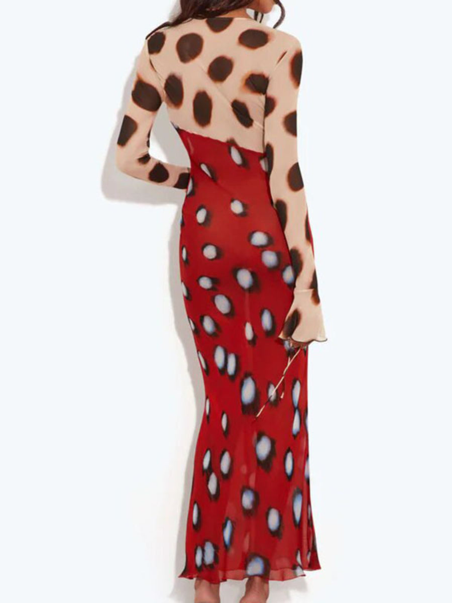 Two-Tone Gradient Dot Print Deep V Tie Front Flare Long Sleeve Mermaid Maxi Dress