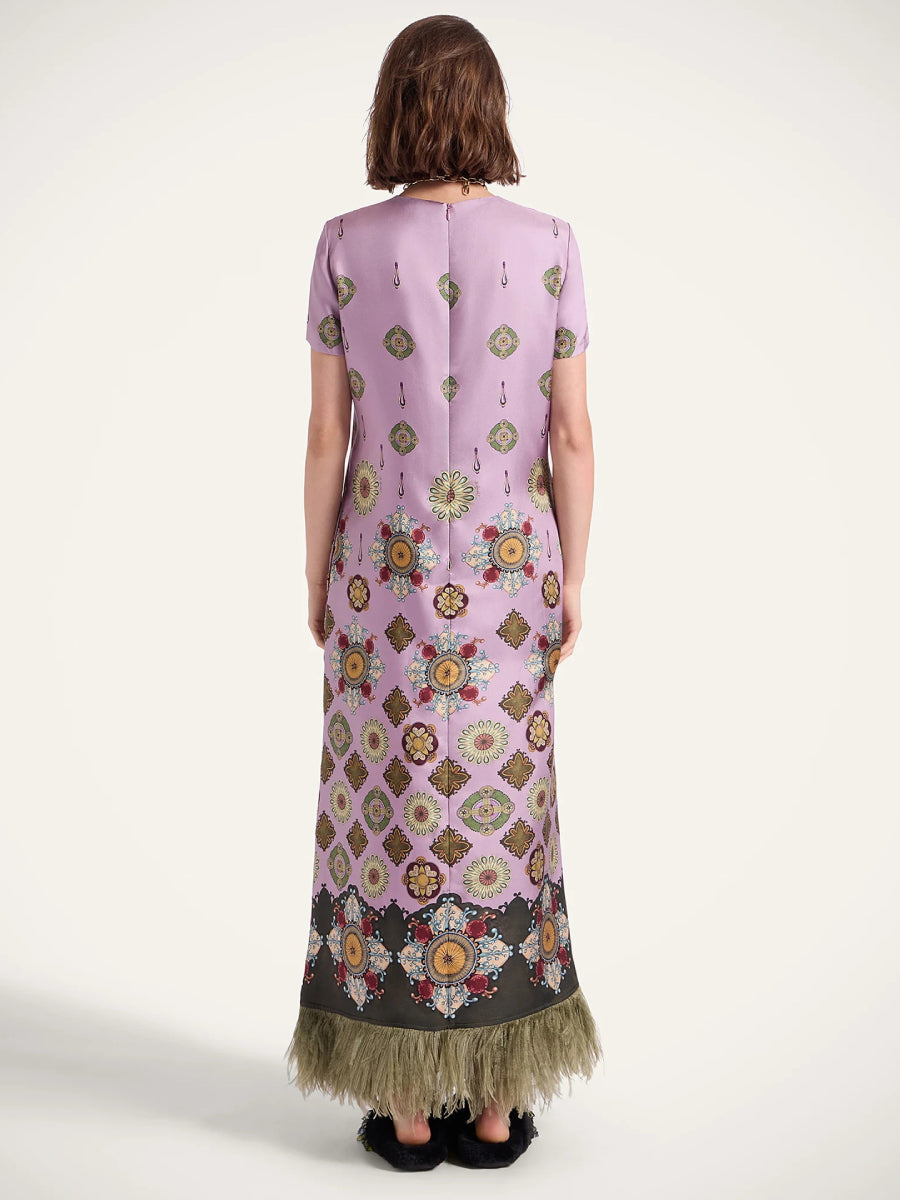 Lavender Vintage Mandala Floral Print Short Sleeve Midi Dress