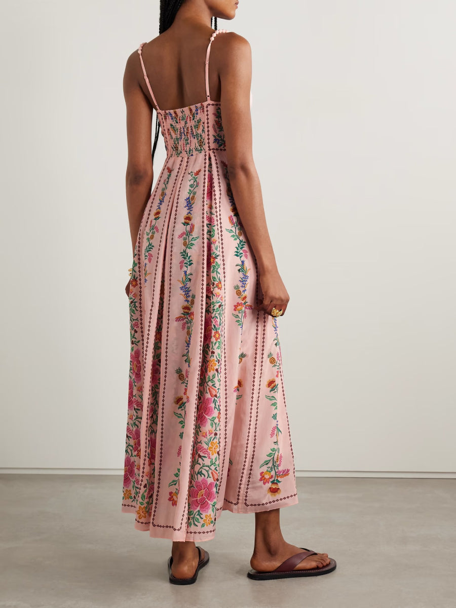 Blush Pink Vertical Floral Print Beaded Strap Bustier Midi Sundress