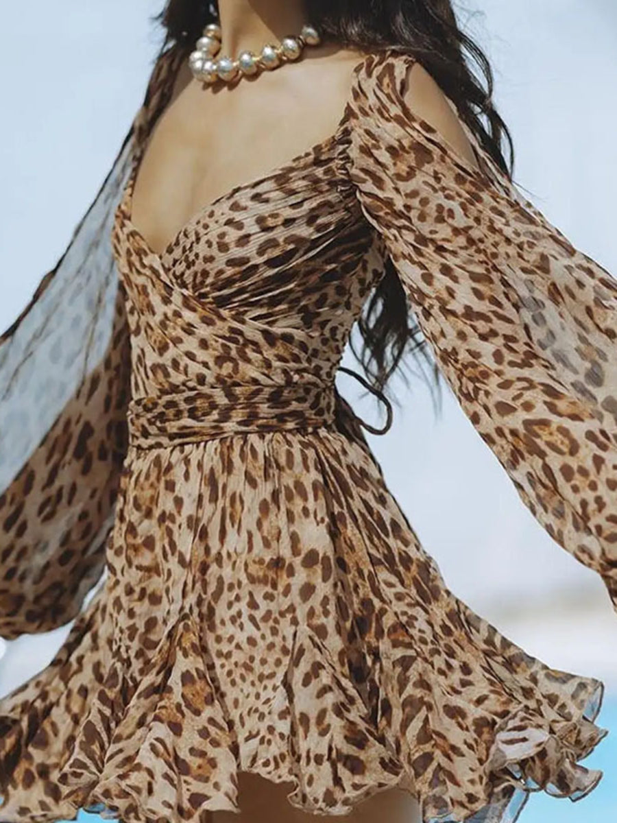 V-neck lantern sleeve hollow shoulder mini dress