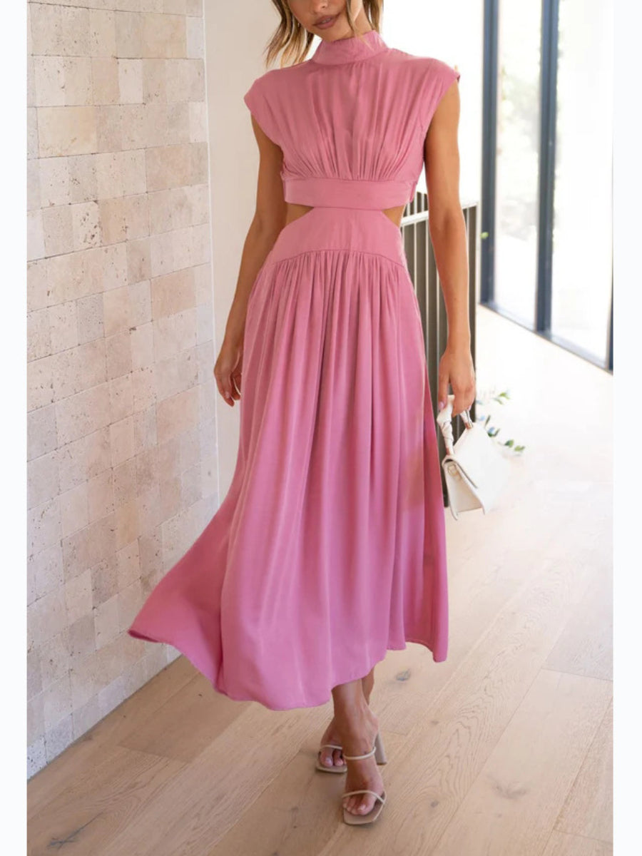 Satin High Neck Cap Sleeve Side Waist Cutout Pleated Midi Dress