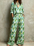 Mint Green Teal Geometric Diamond Print Two Piece Set