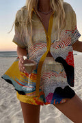 Linen-blend two-piece set with camp-collar shirt and elastic-waist shorts on model
