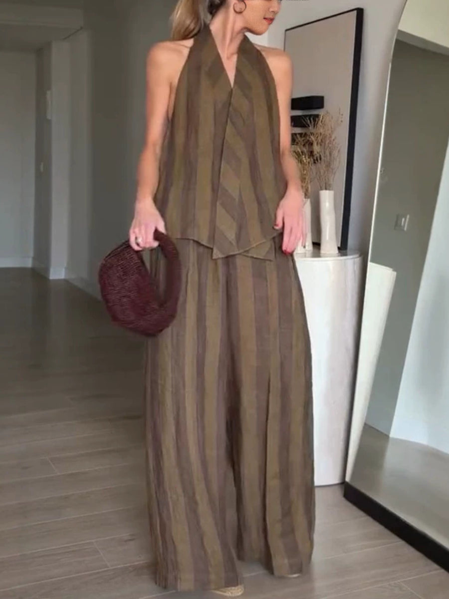 Vintage Stripe Halter Sleeveless Top Wide Leg Pants Linen Two Piece Set