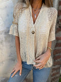 Open Knit V Neck Single Button Short Sleeve Knit Top
