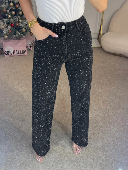 All Over Rhinestone High Waist Wide Leg Denim Jeans