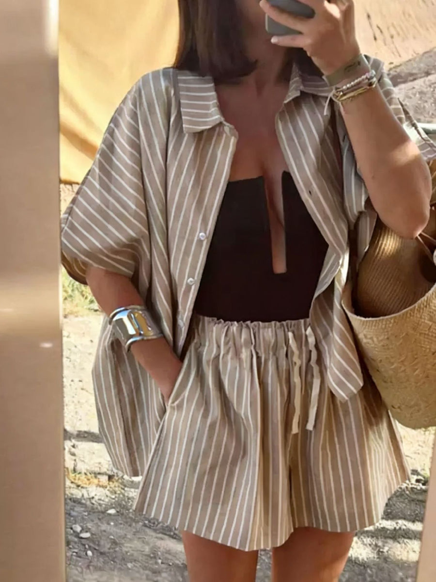 Women Linen Blend Striped Collar Loose Shirt Elastic Drawstring High Waist Casual Short Matching Outfit Secondary image