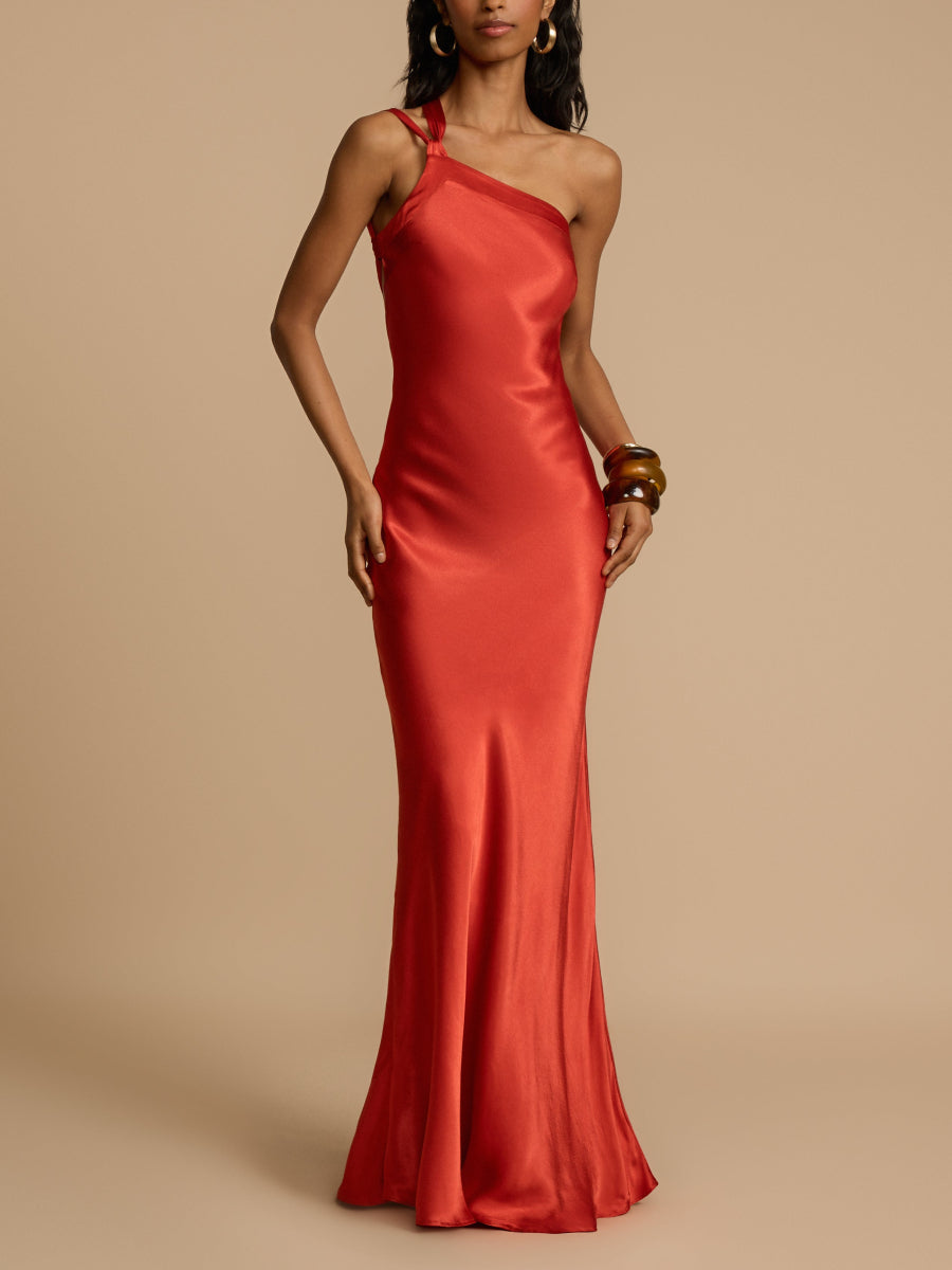 Women Glossy Silk Square Neck Single Spaghetti Strap Draped Flowy Mermaid Wedding Guest Formal Dress