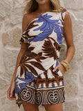 Tropical Leaf Print One Shoulder Wrap Two Piece Short Co-ord Set
