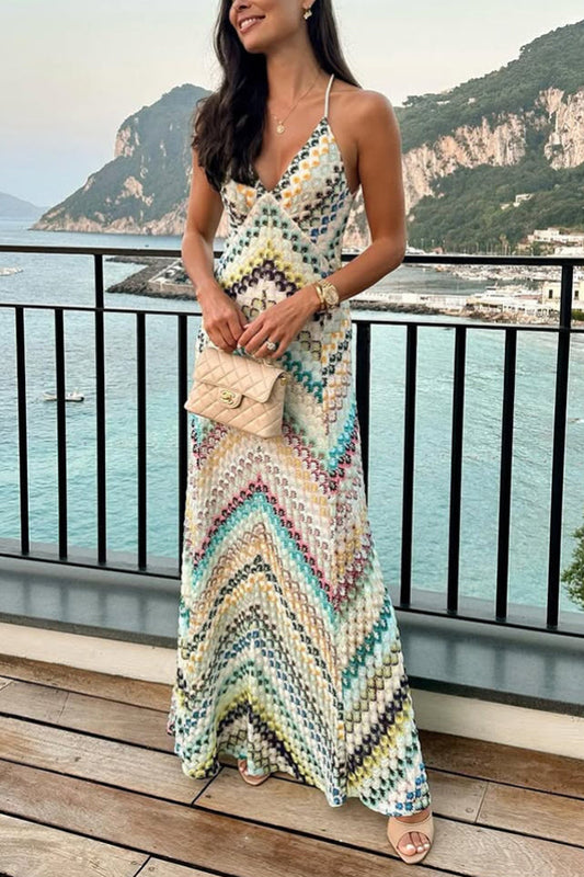 Women's Multicolor Chevron Knit Maxi Dress - V-Neck Spaghetti Strap Bodycon Slip Dress for Summer Vacation