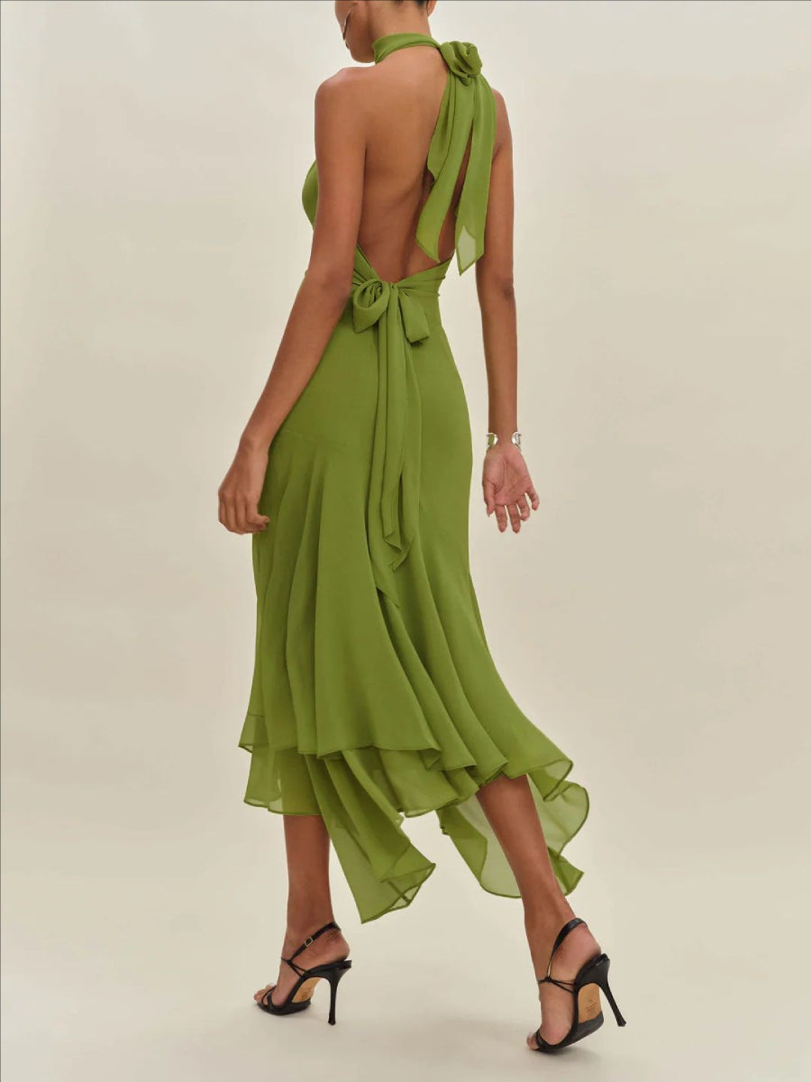 Olive Green Chiffon Halter Neck Tie Knot Keyhole Cutout Asymmetrical Ruffle Midi Dress