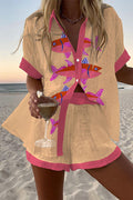 Linen-blend matching set with collared shirt and elastic-waist shorts for summer
