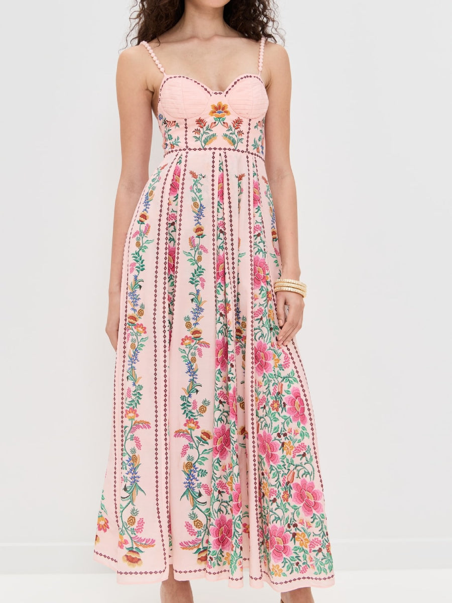 Blush Pink Vertical Floral Print Beaded Strap Bustier Midi Sundress