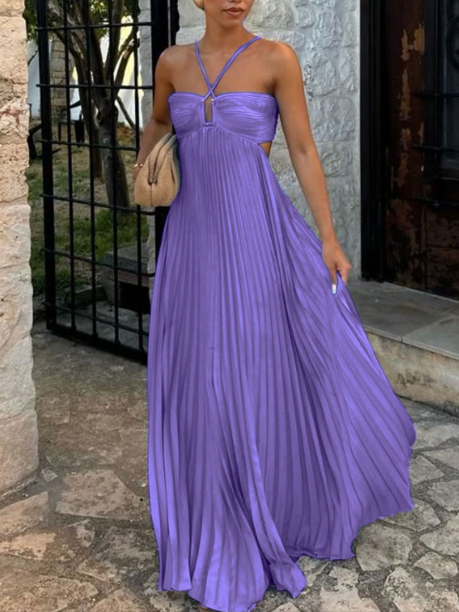 Halter Cross Strap Keyhole Cutout Side Waist Hollow Pleated Chiffon Maxi Dress