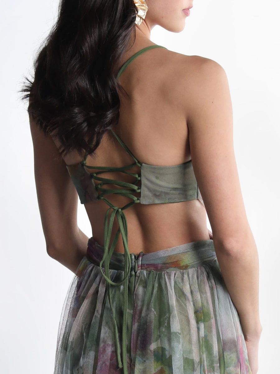 Watercolor Floral Print Tulle Maxi Dress Spaghetti Strap Cutout Waist Formal Gown