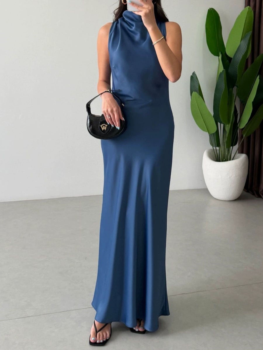 Satin Sleeveless Cowl Neck Bias Midi Slip Dress