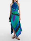 Women Sleeveless Halter Top and High Waist Hanky Hem Skirt Set, Retro Color Block Outfit